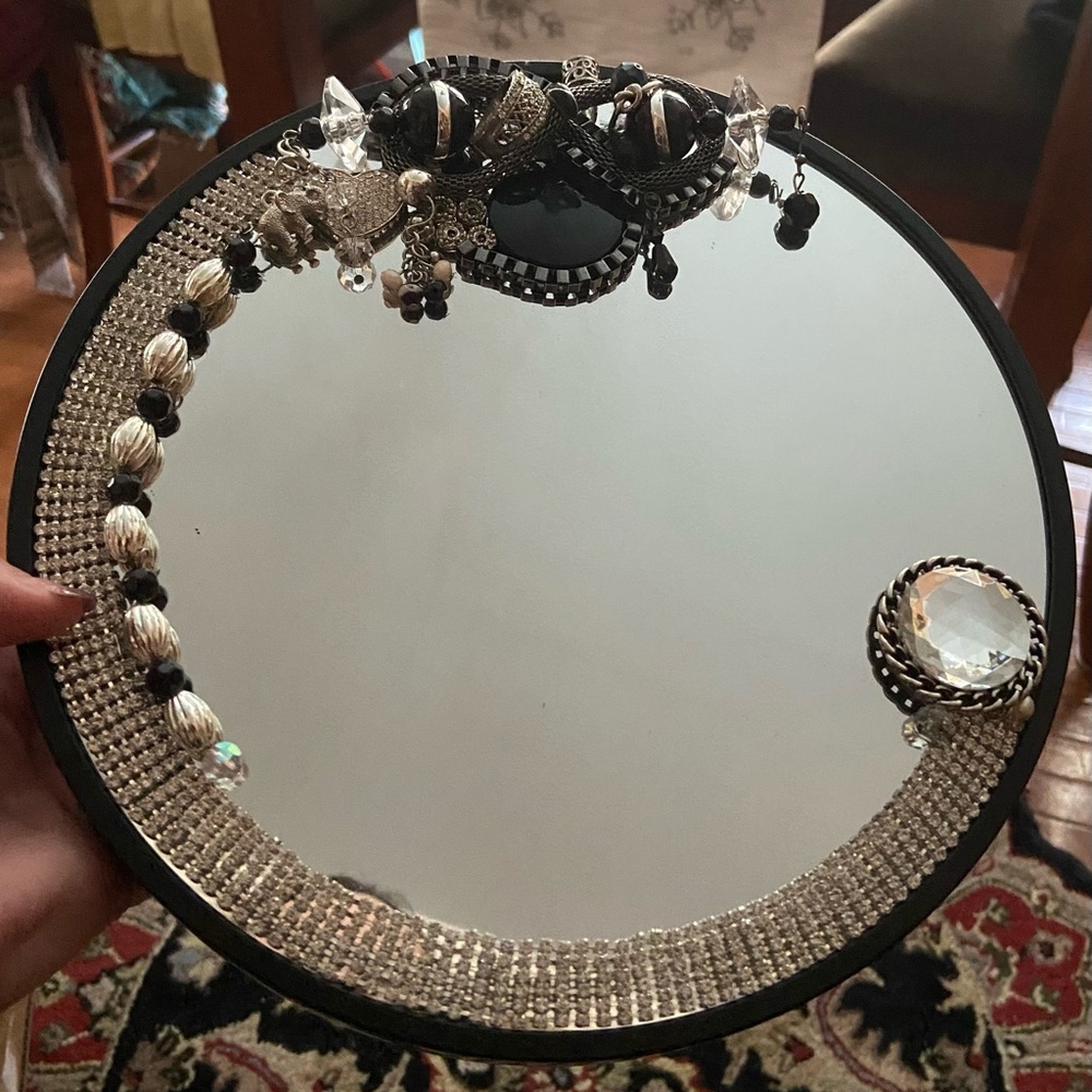 Handmade Round Wall Mirror Rhinestone Jeweled Hanging Decor